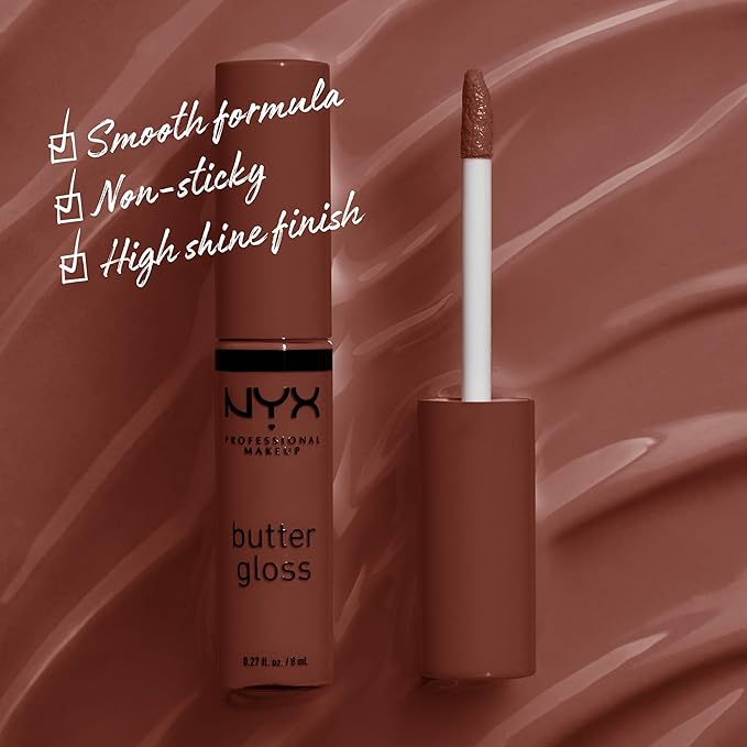 NYX PROFESSIONAL MAKEUP Butter Gloss Brown Sugar, Non-Sticky Lip Gloss - Brownie Drip (Deep Brown)