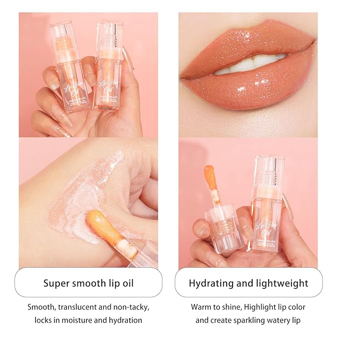 Magic Color-Changed Lip Glow Oil, Plumping Hydrating Tinted Gloss with Big Brush, Nourishing Glitter Non-Sticky Lacquer for Women & Girls, Tinta para Labios, Lipgloss for Dry Lips(Orange, 1 pcs)