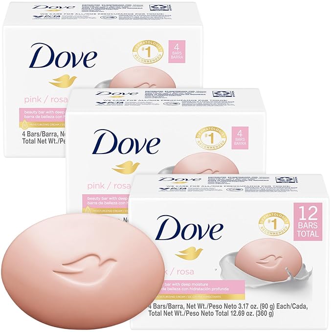 Dove Soap, Pink Beauty Bar 3-Pack (12 Soap Bars) – 3-in-1 Moisturizing Face, Body & Hand Soap, 4.75 Oz Ea