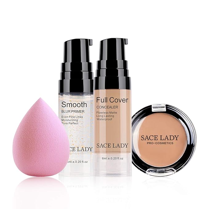 Waterproof Full Coverage Concealer With Primer Sponge Set, Light Natural)