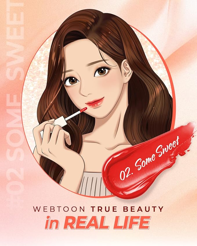 AMTS Webtoon True Beauty - 02 Some Sweet | Coral Lip Tint Stain | High Pigment Liquid Shine Non-Sticky Long-Wearing Long-Lasting | Korean Webtoon True Beauty Cute Coral Makeup