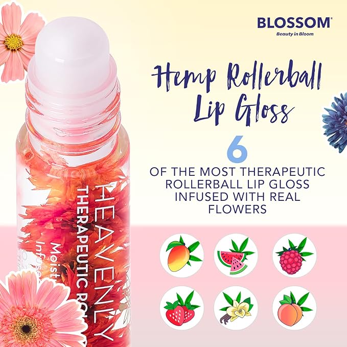 Blossom Roll on Lip Gloss, Scented Clear High Shine Moisturizing Lip Oil, Non Sticky, Infused with Real Flowers, Made in USA, 0.2oz, Peach Hemp