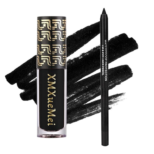 Black Velvet Matte Liquid Lipstick and Lip Liner Set - Smudge-proof, Long-lasting, Waterproof Black Lip Gloss Stain and Liner Pencil for Goth Halloween Cosplay Makeup