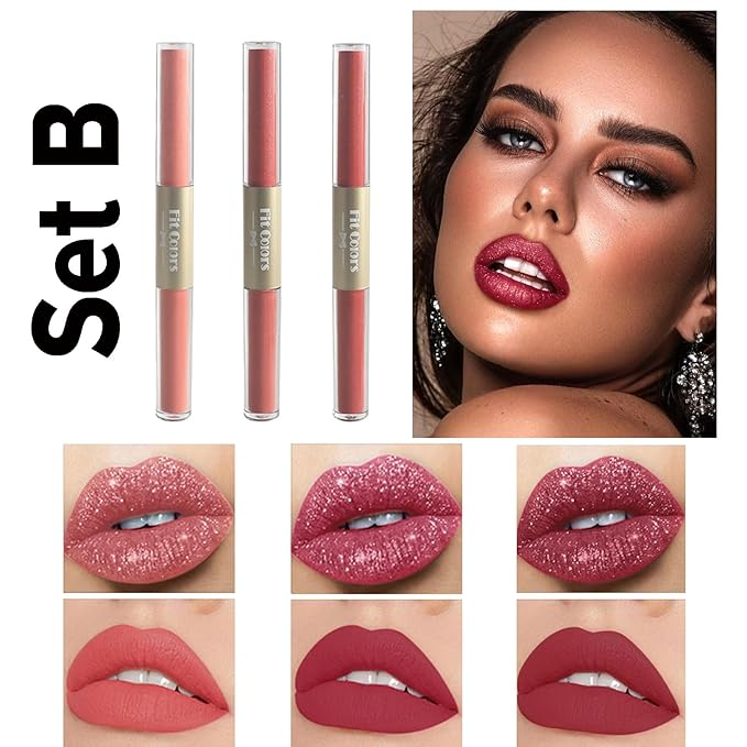 Double-end 2-in-1 Matte & Shimmery Lip Gloss Set, 3 PCS/Set (Set B, 3pcs)