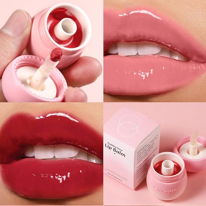 LANGMANNI Pudding Glow Lip Balm | Velvet-Smooth Lip Gloss for Nourished, Glowing Lips | Hydrating, Non-Sticky Glossy Tinted Lip Balm Makeup 0.28 Oz (#3+#4, 2)