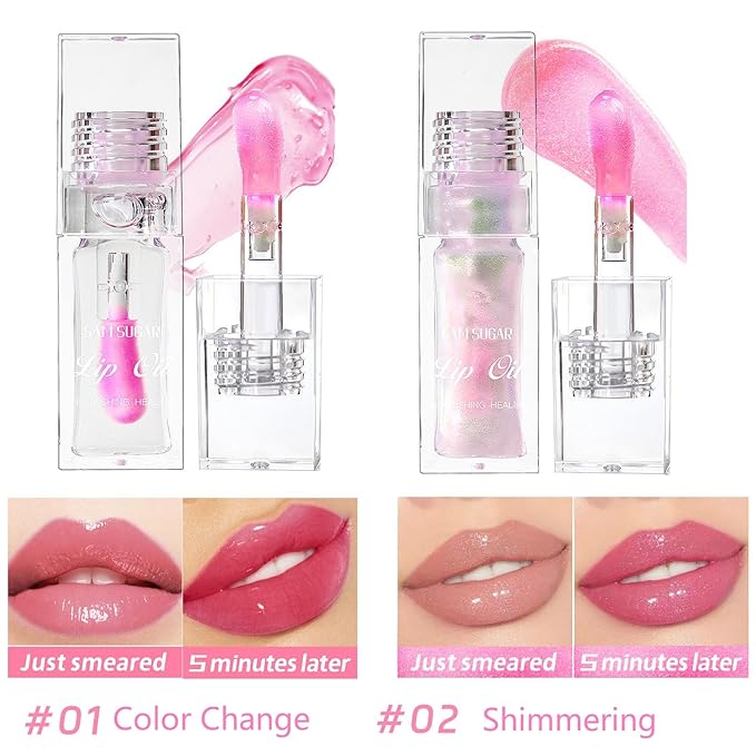 2 Pcs Magic Color Changing Lip Oil, Long Lasting Moisturizing Lip CareNon-Sticky Fresh Texture Glimmer Lip Glow Oil. (Magic Color Changing & Pearlescent Color Changing)