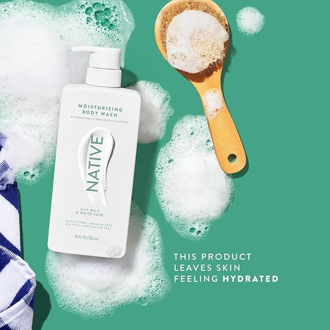 Native Moisturizing Body Wash Contains Naturally Derived Ingredients | For Women & Men, Sulfate, Paraben, & Dye Free Leaving Skin Soft and Hydrated | Lily Milk & White Sage 18 oz