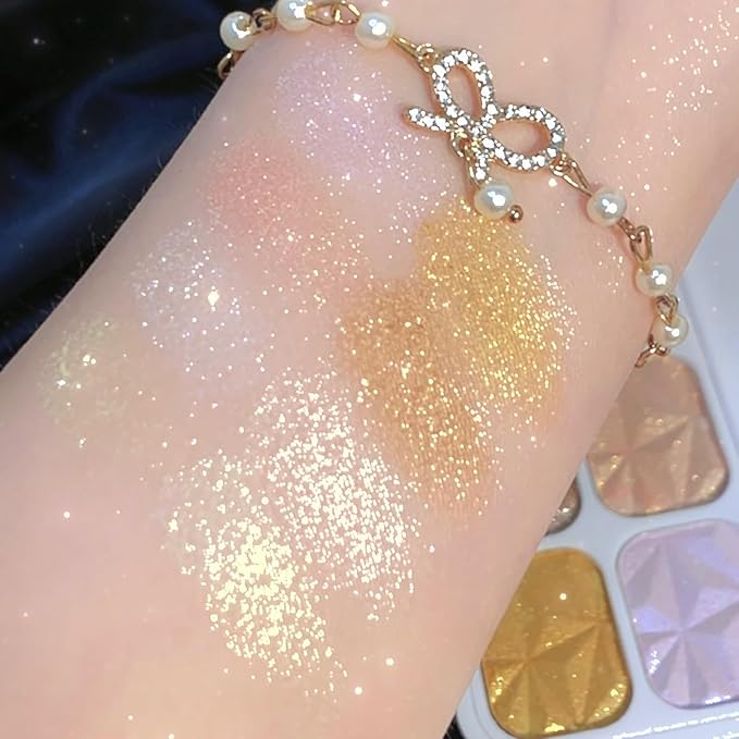 Face Highlighter Palette with Mirror, 8 Colors Glitter