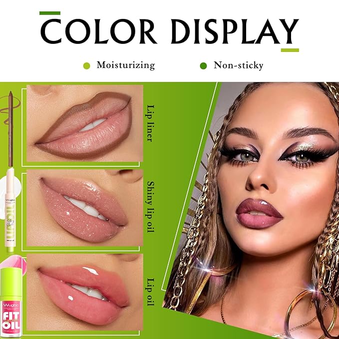 Brown Lip Liner Pink Lip Gloss Fat Oil Slick Click Clear Shimmer, Ultra-Hydrating Lip Balm Tinted Lip Glow Oil for Women Makeup, Lightweight Non Sticky Liquid Lipstick Lip Liner Pencil Combo Set