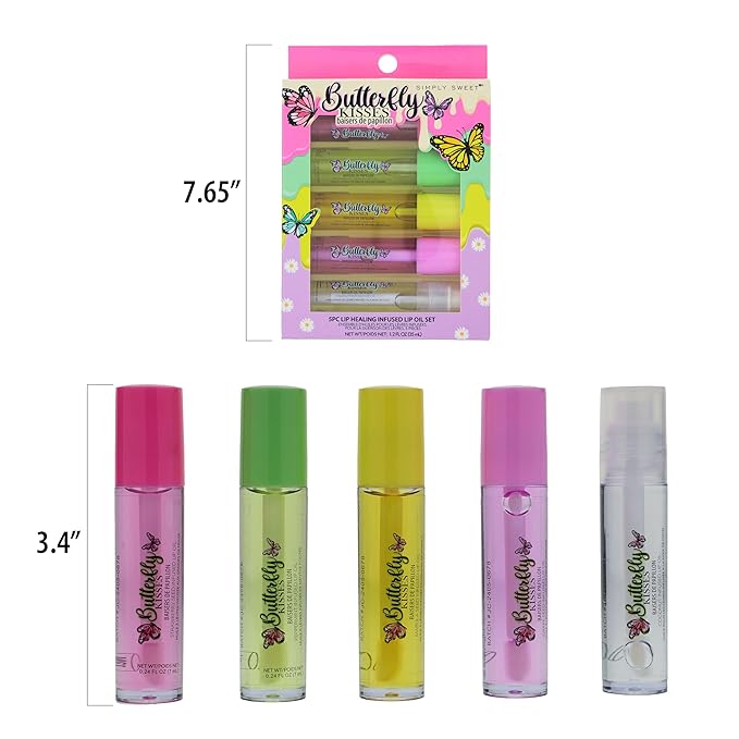 5pc Lip Oil Set - Butterfly Kisses Lip Oils, Lip Healing Lip Oil Collection with Precision Applicator Wand for Everyday Lip Care and Lip Repair (BUTTERFLY KISSES)