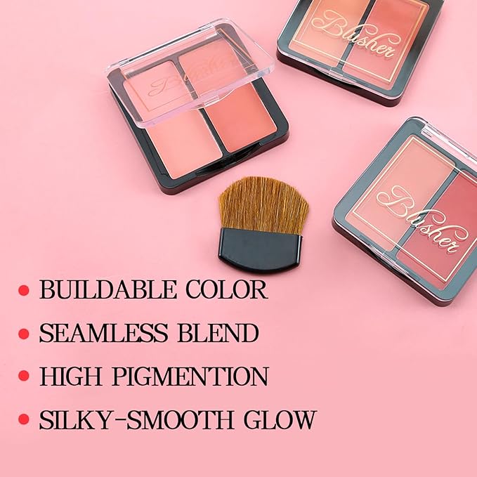 2 Colors Matte Blush Palette with Brush,Pink Blush Blusher,Highly Pigmented