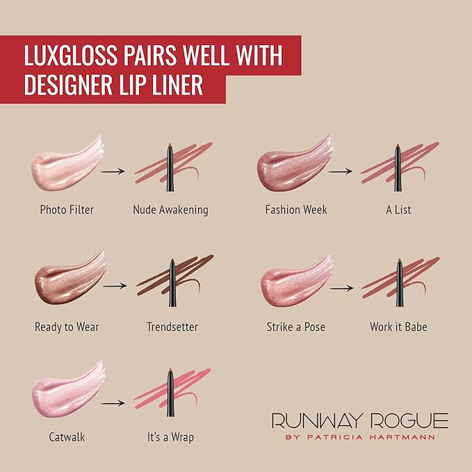 Runway Rogue LuxGloss Kit with 2 Moisturizing Shimmer Lip Gloss Tubes (‘Strike a Pose’ and ‘Fashion Week’) and 1 Matte Lip Liner Pencil (‘Work It Babe’)
