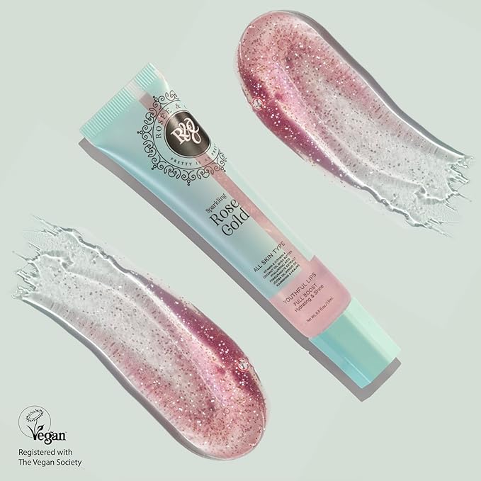 Rosee Lip Gloss Vegan & Cruelty Free Treatment, Professional Make up, Long Lasting Glossy with Shea Butter, Moisturize, Protect & Smooth, High Shine, Non-Sticky (f. Sparkling Rose Gold, 0.5)
