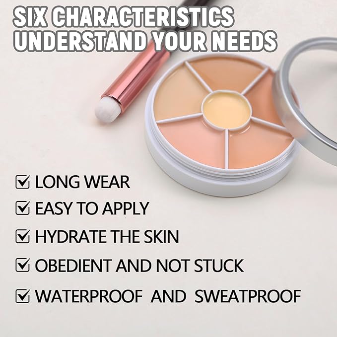 6 Colors Concealer Palette with Brush,Full Coverage,Cream Contouring Marks Scars