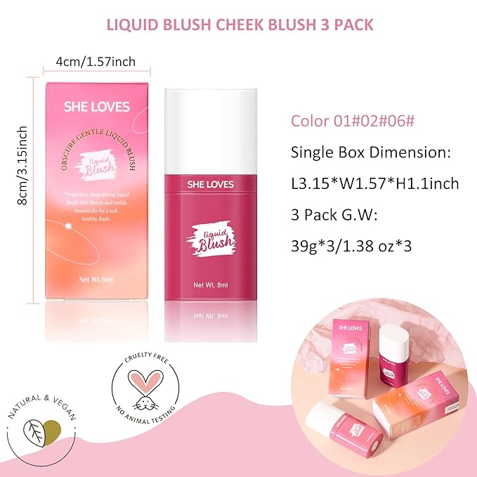 Liquid Blush Make up,Cream Blush for Cheeks,Natural Looking,Lightweight,Breathable Oz (01#02#06#)