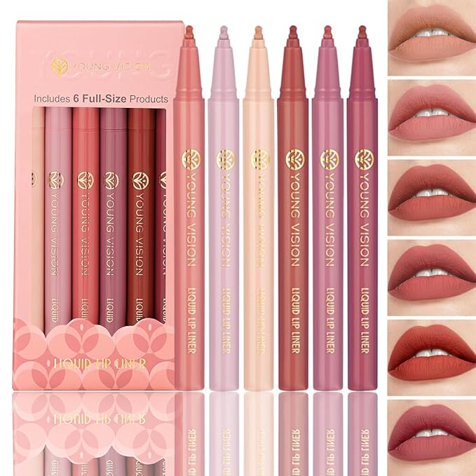 YOUNG VISION 6-Pc Liquid Lipstick & Lipliner Set, Lip Stain Tint Collection - Gourd-Shaped, Durable, Easy Glide, Nude Matte Shades Lip Contour/Lipliner Application, Gift for Women