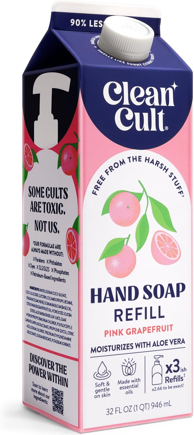 Cleancult Liquid Hand Soap Refill - Pink Grapefruit- Moisturizes Dry & Sensitive Skin - Made with Aloe Vera & Essential Oils - Eco Friendly - Paper-Based Packaging - 32 oz/1 Pack