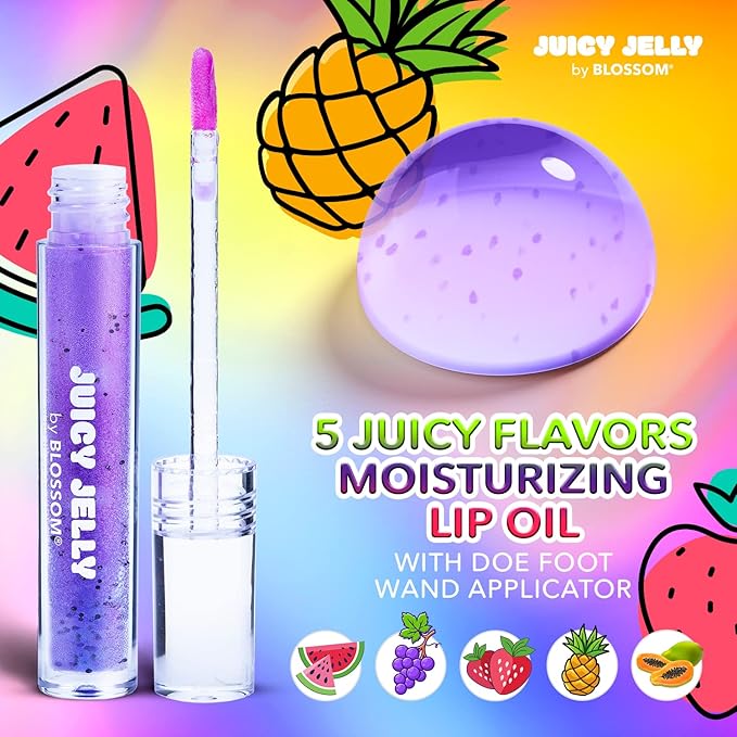 Blossom Juicy Jelly Moisturizing Lip Care Fruit Flavored Nourishing Lip Oil + Zodiac Sign Vanilla Scented Roll On Lip Gloss with Crystals, 2 Pack Bundle, Grape/Virgo
