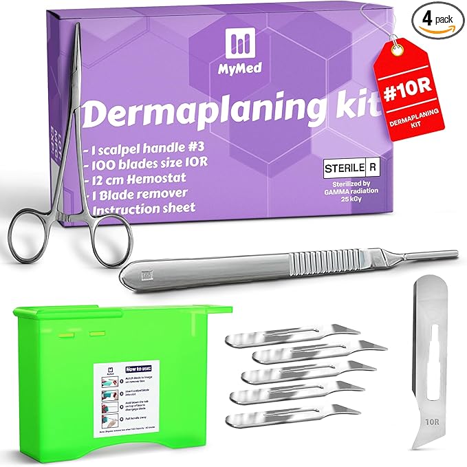 10R Blades Dermaplaning Kit Containing 10r Blades Scalpels Pack of 100 with Scalpel Handle #3 + 10R Scalpel Blade Remover Box + Hemostat by Mymed