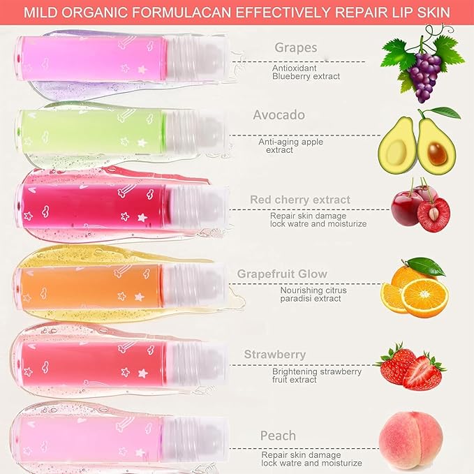 6PCS Roll On Lip Gloss Set, Fruity Flavors Moisturizing Lip Oil,Kids Lip care,Transparent Plumping Lip Gloss,Kid Friendly, Party Gift