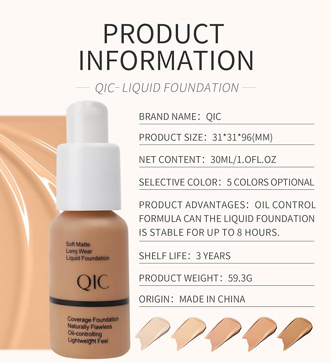 QIC Waterproof Matte Concealer BB Liquid Foundation Cream 105# Sand 30ml