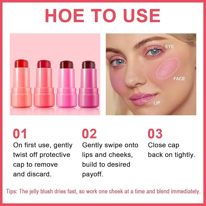 Jelly Blush Stick,Jelly Stain Stick,4Pcs Lightweight Long Lasting Lightweight