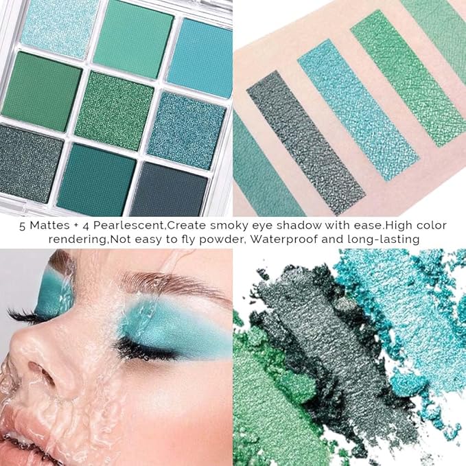 9Colors Green Avocado Color Colorful Bright Eyeshadow Palette Makeup,Highly Pigmented Matte Sparkle Eye Shadow Palette Long Lasting Waterproof Blendable,Emerald Bright Eyeshadow Palette