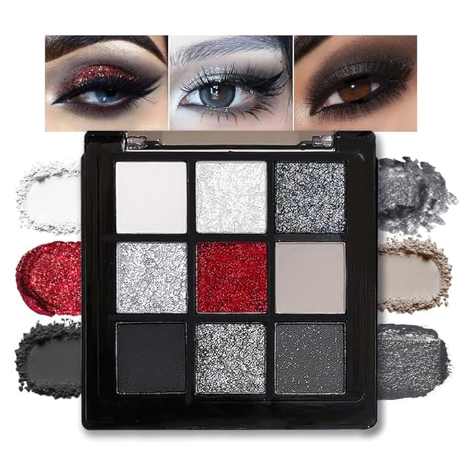 Smokey Black Red Eyeshadow Palette,9 Colors Dark Shimmer Matte Metallic Makeup Pallet,Pigmented Make Up Kit for Halloween Parties Christmas Joker Vampire Clown,Long Lasting Waterproof