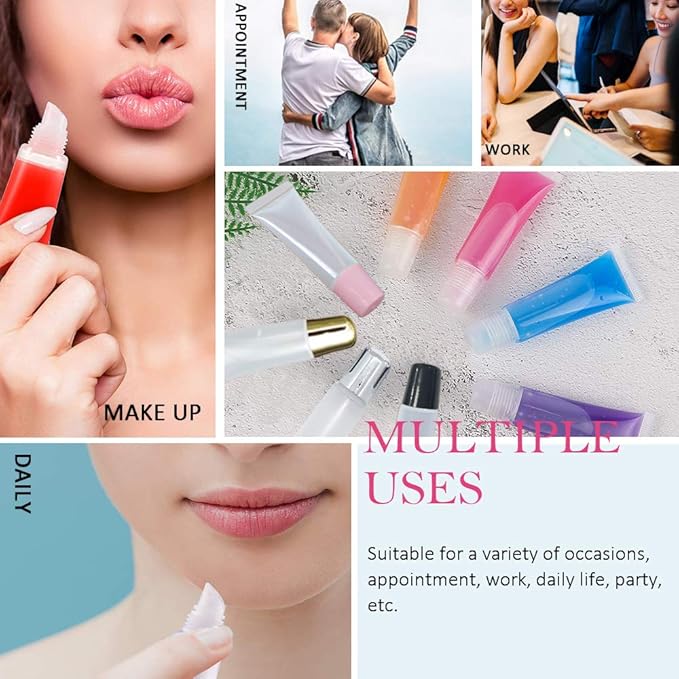 AMORIX 50PCS 10ml Lip Gloss Tubes Clear Empty Lip Balm Containers with Blue Cap Refillable Soft Cosmetic Squeeze Tubes for Lip Gloss Base Glitter Pigment Powder 2 Syringes + Tag Labels Stickers