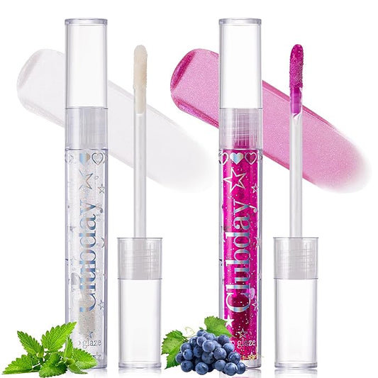 Jcoos Lip Gloss Lip Oil, Glitter Clear Lip Gloss, Purple Lip Gloss, Moisturizing, Shiny, Hydrating Lip Oil, Mint & Grapes Flavored Lip Gloss, Lip Plumper Lipgloss Sets for Girls Women Kids Teens