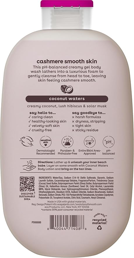 eos Shea Better Cashmere Body Wash, Coconut Waters, Moisturizing and Nourishing, pH Balanced Creamy Gel Formula, Paraben & Phthalate Free, Sensitive Skin,16 fl oz