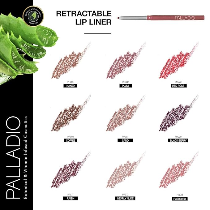 Palladio Retractable Waterproof Lip Liner High Pigmented and Creamy Color Slim Twist Up Smudge Proof Formula with Long Lasting All Day Wear No Sharpener Required, Nearly Nude