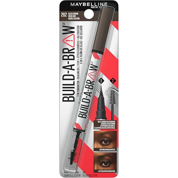 Maybelline Build-A-Brow 2-in-1 Brow Pen and Sealing Eyebrow Gel, Eyebrow Makeup for Real-Looking, Fuller Brows, Black Brown, 1 Count