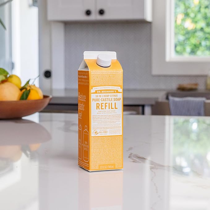 Dr. Bronner's Pure-Castile Magic Soap Liquid, Citrus, Made with Organic Oils for Body, Face, Hair, Dishes, Laundry Vegan, Natural, Non-GMO, Biodegradable, 18-in-1 Multi-Use - Citrus, 32oz + Refill