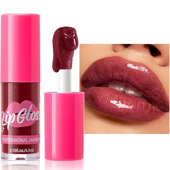 Lip Plumper Gloss Glitter Tinted Plumping Lip Gloss For Women Hydrating Long Lasting Shimmer Moisturizing Glossy Non Sticky Lip Gloss (06# Wine)