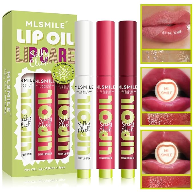 3 Colors Fat Lip Oil, Click Slick Moisturizing and Long-lasting Lip Balm, Non-stick and High Pigment Lip Glow Oil, Lightweight Lip Plumper with Coconut Oil Makeup (Set A)