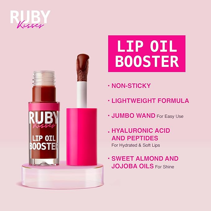 Ruby Kisses Lip Oil Booster, Hydrating Lip Gloss with Nourishing Natural Oil Blend, Jumbo Wand for Easy Application, Non-Sticky Formula (Chocolate)
