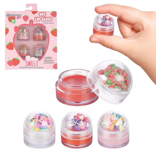 EXPRESSIONS 4pc Lip Gloss with Confetti Top – Berry Sweet Fruity Flavored Lip Gloss For Girls, Safe and Non-Toxic Confetti Lip Gloss Gift Set For Girls