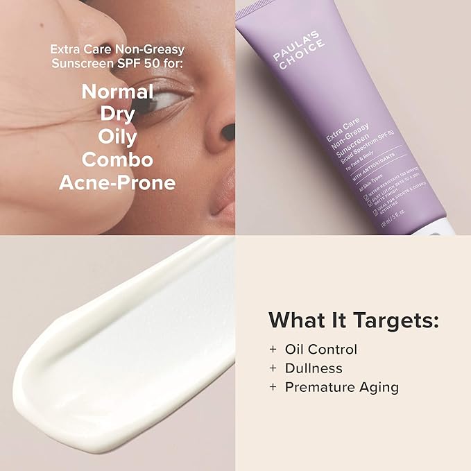 Paula's Choice Extra Care Non Greasy, Oil Free Face & Body Sunscreen SPF 50, UVA & UVB Protection, Water & Sweat Resistant, 5 Ounce