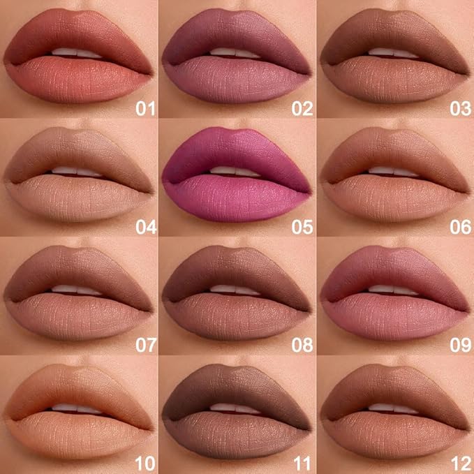 12 Pcs Natural Nude Brown Beige Colors Lip Liner Lipstick Pencils Set for Daily Makeup,Easy to Apply & Remove,Waterproof (set07)