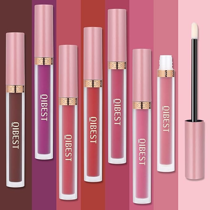 QiBest 7Pcs Matte Liquid Lipstick and 1Pcs Lip Plumper Makeup Set, Pigmented Waterproof Halloween Lip Make Up Valentine's Gift Lip Gloss Sets Long Wearing Velvet Lip Kit for Teens & Women