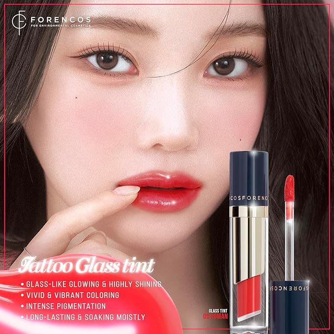 FORENCOS Tattoo Glass Lip Gloss Tint, Korean Glossy Tint/Stain, High Pigmentation, Glasting Shine, Long Lasting, Moisturizing, Lightweight, Non-Sticky Formula (05 ROMAN)