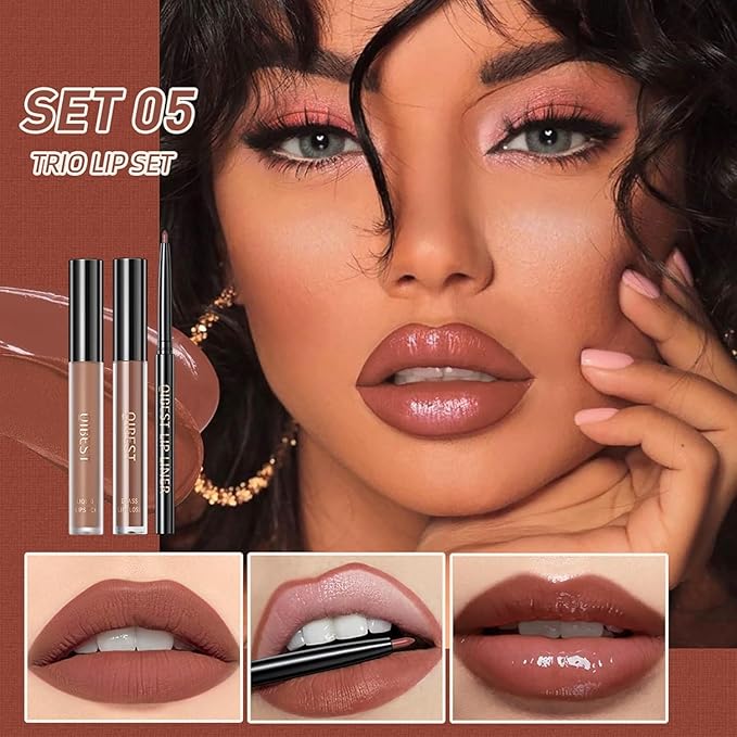 QiBest 3-in-1 Lipstick Set for Women & Teen Girls, Matte Liquid Lipstick + Lip Gloss + Gel Lip Liner Pencil Trio Lip Gift Kit for 24 Hours Long Lasting & Waterproof Lip Makeup (Whiskey Honey)