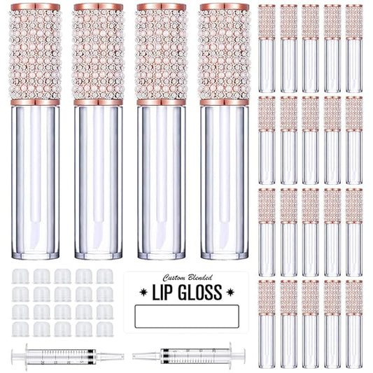 AMORIX 24 Pack Lip Gloss Tubes with Wand 5ml Empty Rhinestone Lip Gloss Containers Cute Lipgloss Bottles Lip Gloss Supplies Kit + 2pcs Syringes + Labels for DIY Lip Gloss Base