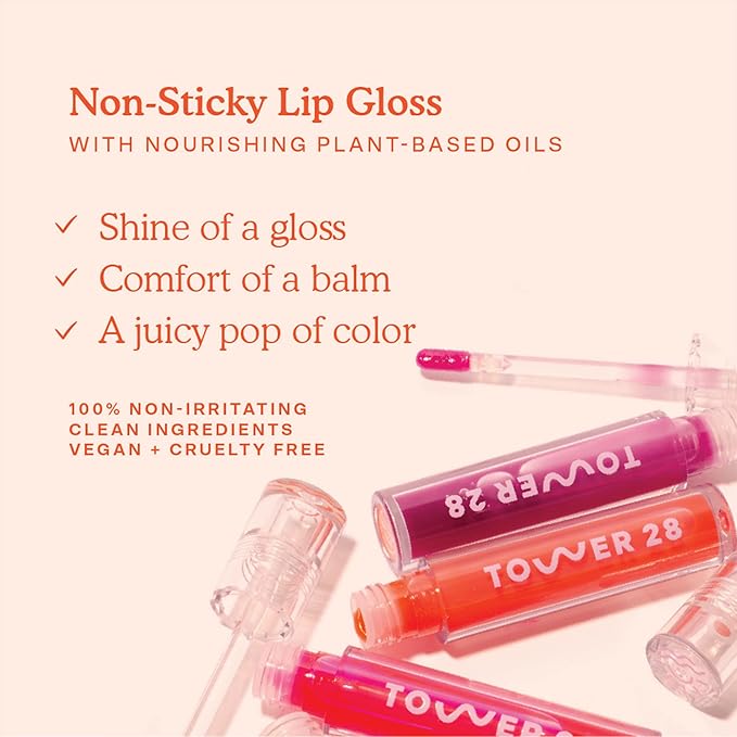 Tower 28 ShineOn Lip Jelly, MAGIC, Non-Sticky, Hydrating Vegan Lip Gloss in Clear with Gold Shimmer, Moisturizing Apricot and Raspberry Seed Oil, Clean, Cruelty Free