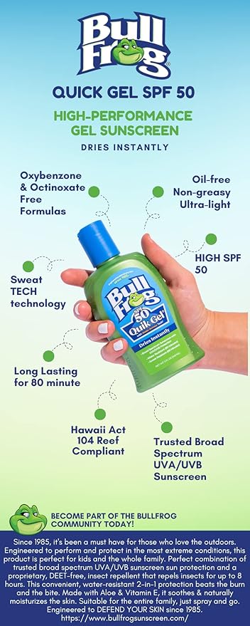 Bullfrog Quik Gel Sunscreen SPF 50 | Oxybenzone & Octinoxate Free | Broad Spectrum Moisturizing UVA/UVB, 5oz, 2 pack