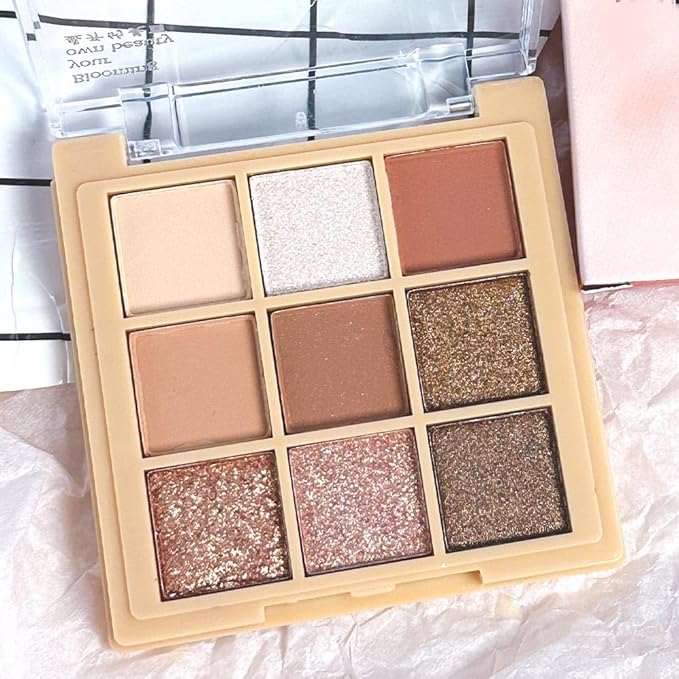 9Colors Nude Champagne Gold Rose Brown Colorful Glitter Eyeshadow Palette Makeup,Korean Natural Neutral Rainbow Eyeshadow Palettes Highly Pigmented Naturing-Looking Long Lasting Waterproof Blendable