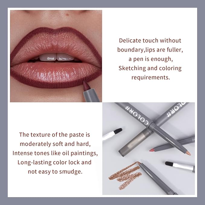Mousse Lip Liner Pencil, Long Wear Lip Liner Velvet Matte Creamy Long Lasting Lip Liner Pencil, Dual-Ended Full Coverage Lip Liner with Lip Brush, High Pigment & Smudge-proof Lip Pencil Makeup(02#)