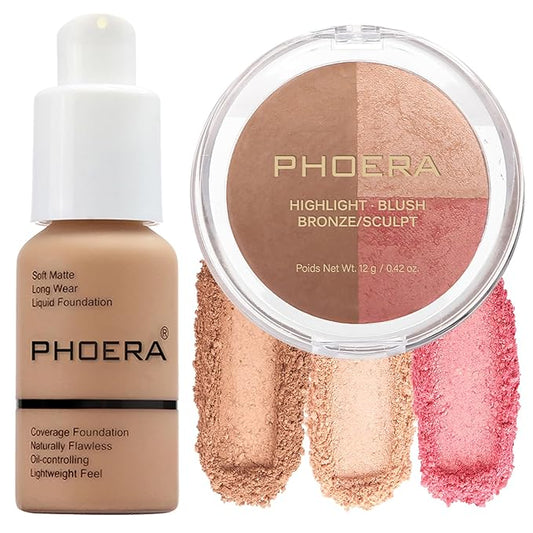 PHOERA Foundation, PHOERA Contour Palette,Shades with Highlighter & #002 Contour/Sand+#002)