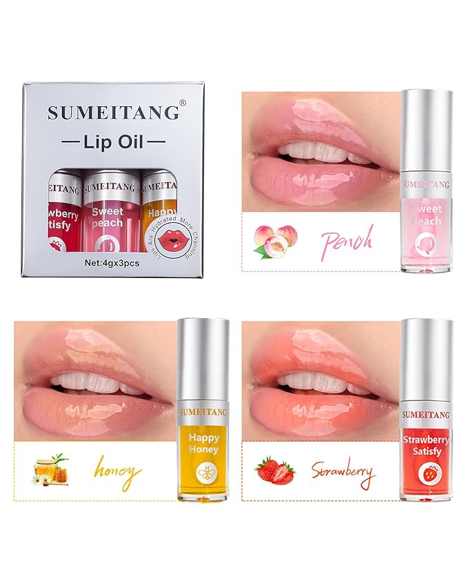 3Pcs Hydrating Lip Oil Set，Non-sticky Lip Oils Gloss Lip Balm Lip Care，Deeply Nourishing and Repairing Prevents Lips Chapped and Lighten Lip Lines(Honey，Peach，Strawberry)